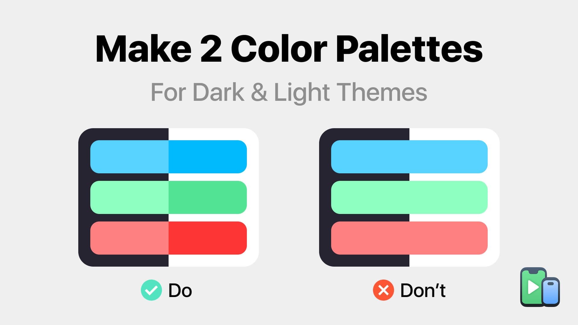 Loght and dark mode color palettes examples